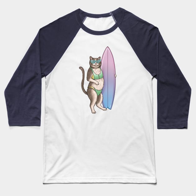 Surf Kitty Baseball T-Shirt by jennyalamode